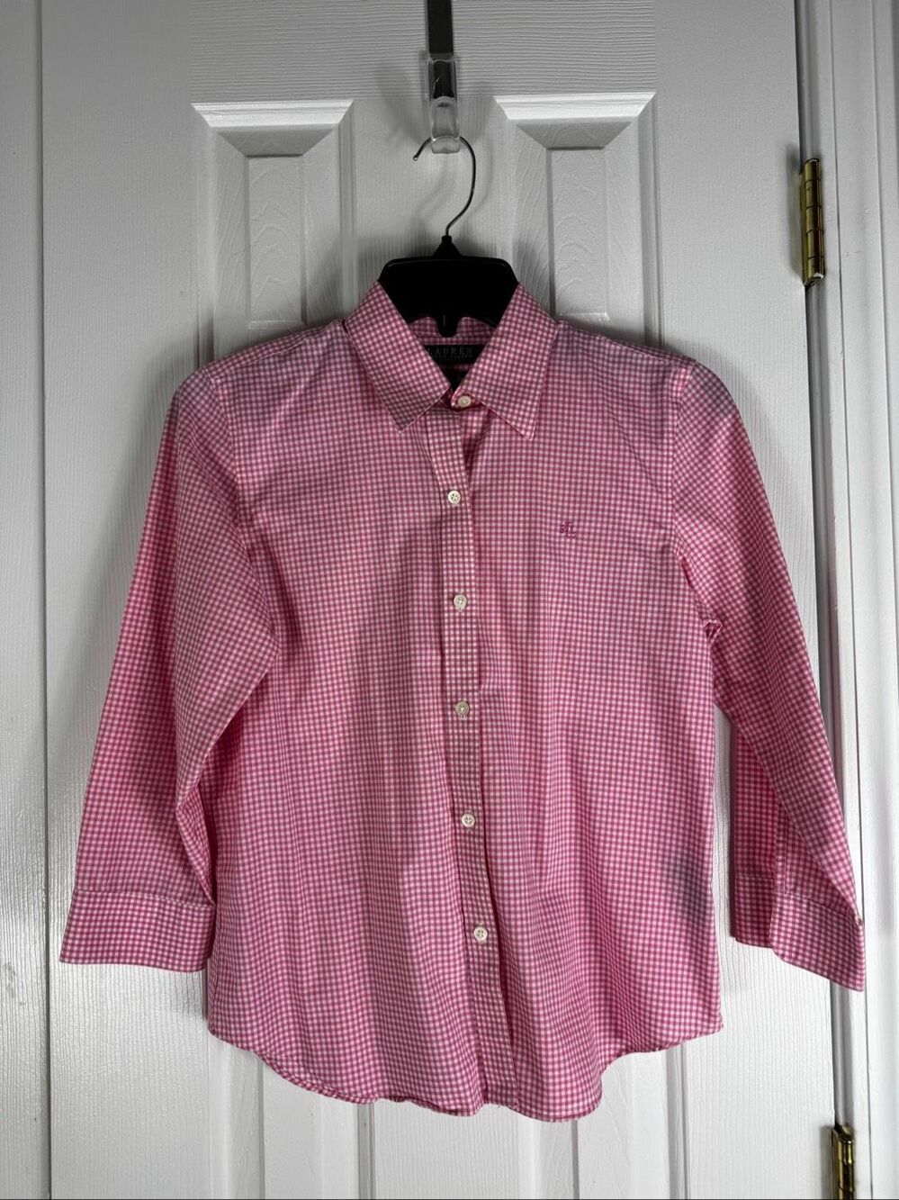 Lauren Ralph Lauren Womens Non Iron Pink White Gingham Blouse Size P/P